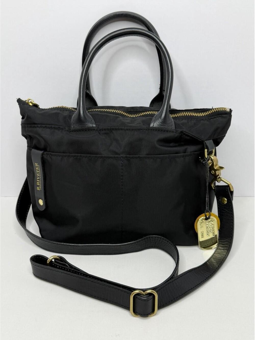 R. Riveter Otto Black Nylon Leather Handle/Crossbody Strap Tote Bag